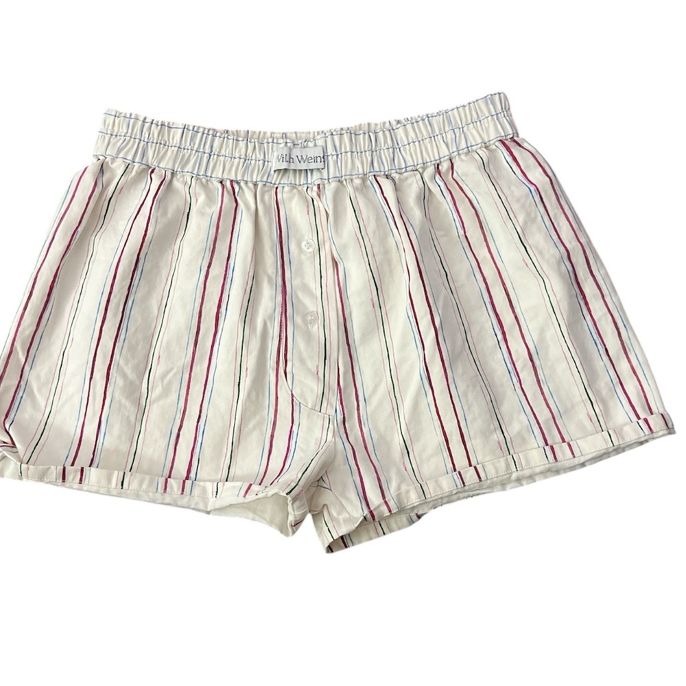 With Jean High Waist Striped Cotton Shorts in White with Red & Blue Stripes